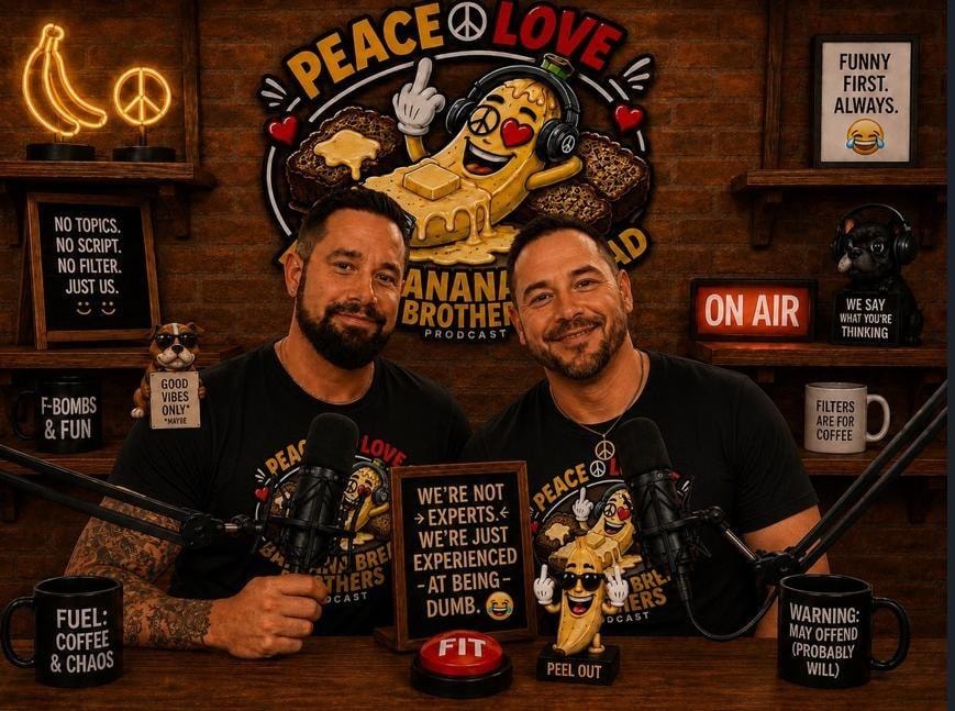 Brian and Vince in the Peace Love and Banana Bread podcast studio